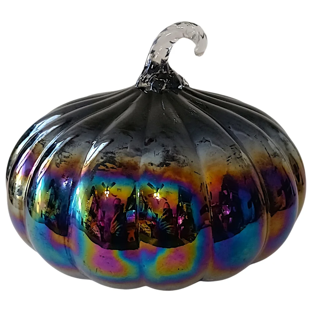 Glass Iridescent Halloween Pumpkin Carnival Hand Blown Stem Purple Black Harvest